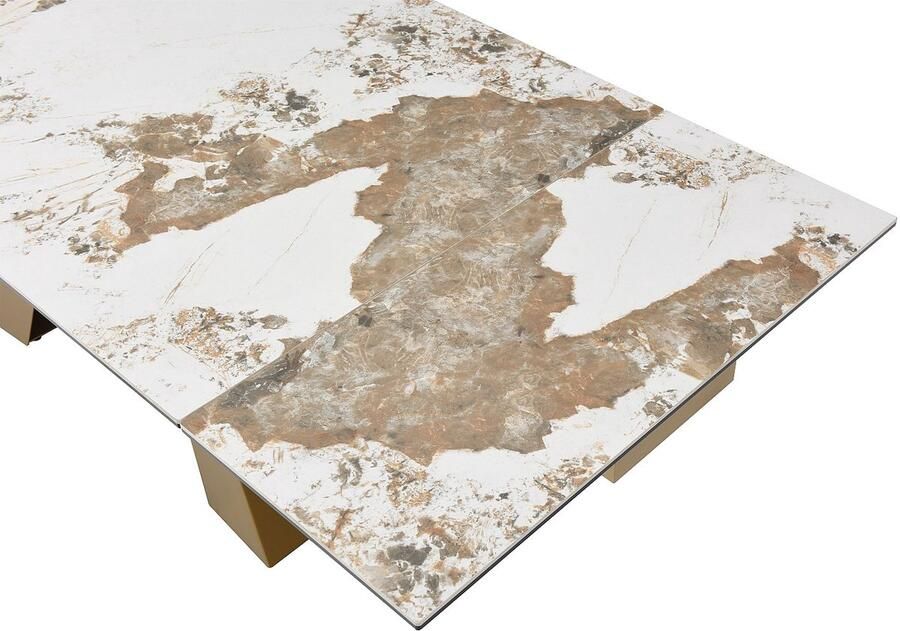 Vente-unique Uitschuifbare eettafel voor 6 tot 10 personen van gehard glas keramiek en goudkleurig metaal Wit en taupegrijs marmereffect LOZIPA van Maison Céphy L 240 cm x H 76 cm x D 90 cm - Foto 5