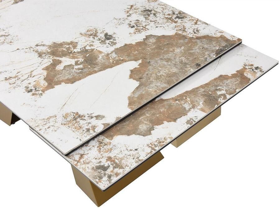Vente-unique Uitschuifbare eettafel voor 6 tot 10 personen van gehard glas keramiek en goudkleurig metaal Wit en taupegrijs marmereffect LOZIPA van Maison Céphy L 240 cm x H 76 cm x D 90 cm - Foto 4