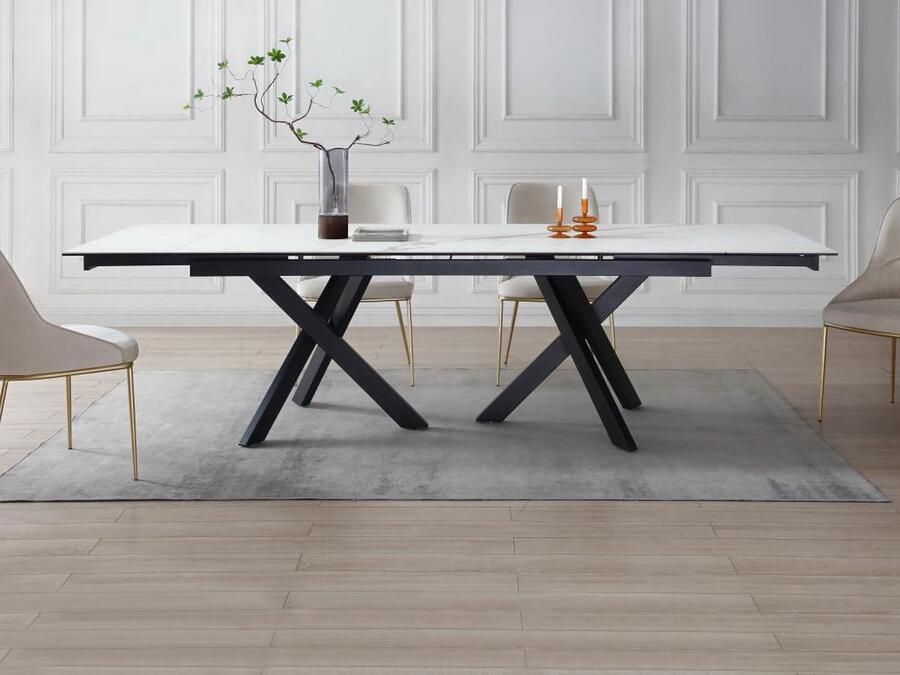 Vente-unique Uitschuifbare eettafel voor 8 tot 12 personen in gehard glas en keramiek Look van wit marmer en zwart MARISO L 280 cm x H 76 cm x D 100 cm