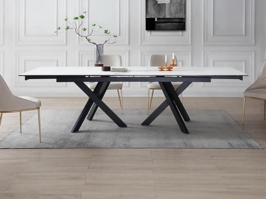 Vente-unique Uitschuifbare eettafel voor 8 tot 12 personen in gehard glas en keramiek Look van wit marmer en zwart MARISO L 280 cm x H 76 cm x D 100 cm - Foto 4