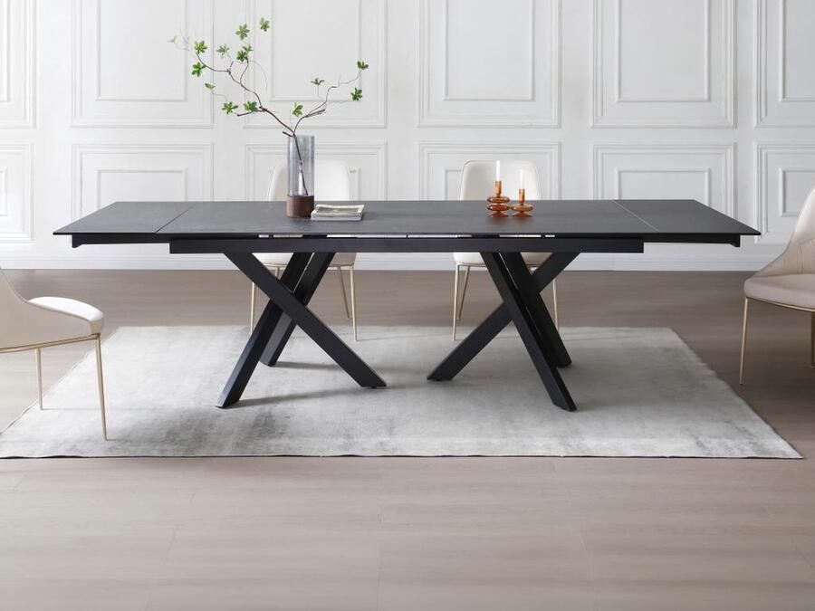 Vente-unique Uitschuifbare eettafel voor 8 tot 12 personen in gehard glas en keramiek Look van zwart marmer MARISO L 280 cm x H 76 cm x D 100 cm - Foto 2
