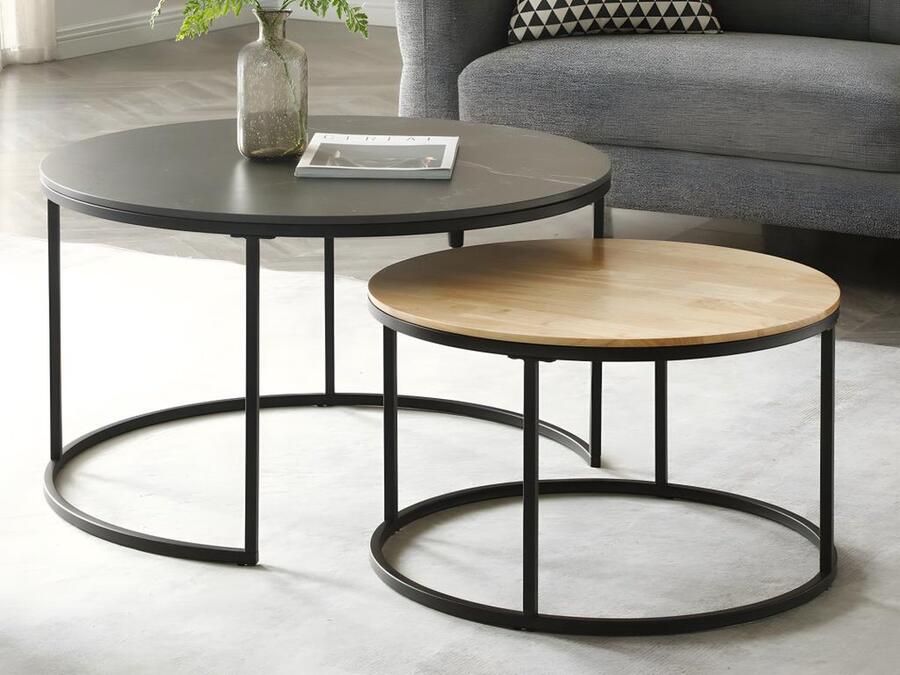 Vente-unique Uitschuifbare salontafels van hevea keramiek en staal Marmereffect en licht naturel JIEMBA L 80 cm x H 45 cm x D 80 cm - Foto 2