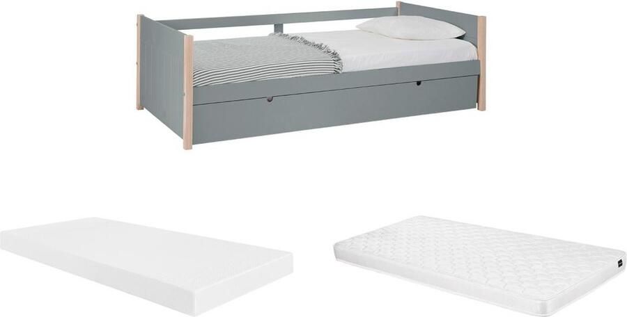 Vente-unique Uitschuifbed 2 x 90 x 190 cm MDF den en metaal Groen en houtlook + Matras MAREKI L 200 cm x H 62 cm x D 98.5 cm