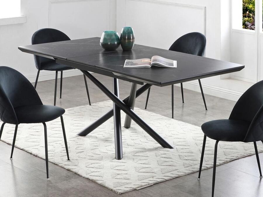Vente-unique Uittrekbare eettafel voor 6 tot 8 personen in MDF keramiek en metaal Look van zwart marmer SINAM L 200 cm x H 76 cm x D 90 cm