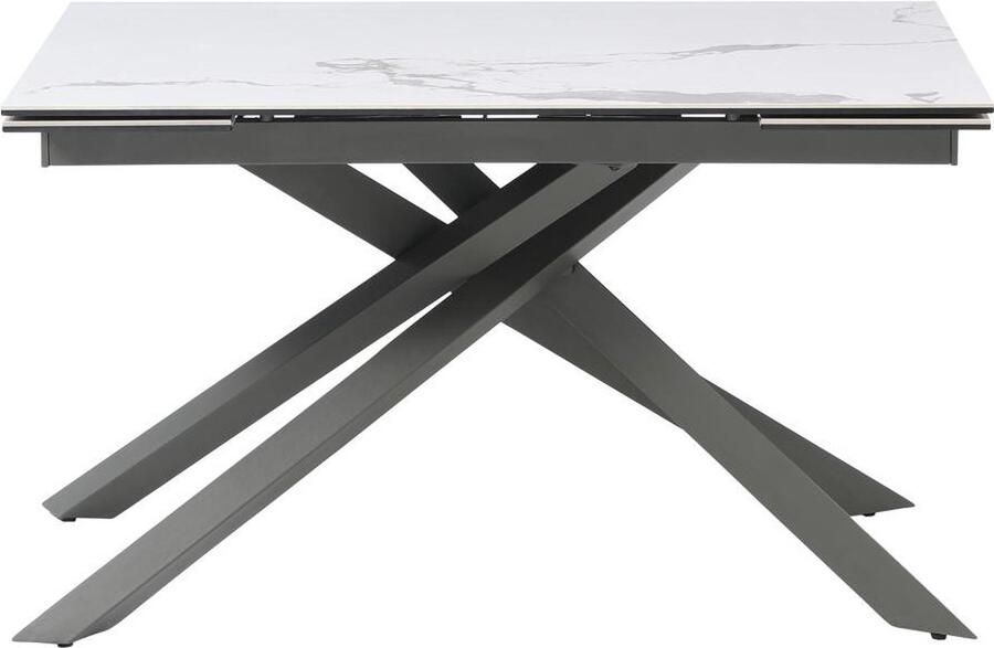 Vente-unique Verlengbare eettafel 4 tot 8 plaatsen van keramiek gehard glas en metaal Wit marmereffect en antraciet COREMA van Maison Céphy L 190 cm x H 76 cm x D 90 cm