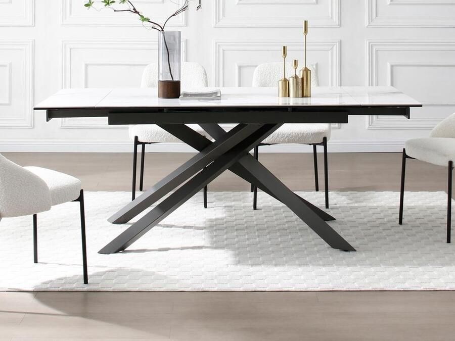 Vente-unique Verlengbare eettafel 4 tot 8 plaatsen van keramiek gehard glas en metaal Wit marmereffect en antraciet COREMA van Maison Céphy L 190 cm x H 76 cm x D 90 cm - Foto 2