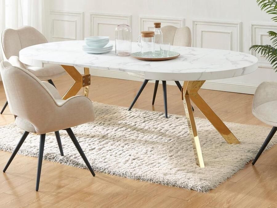 Vente-unique Verlengbare eettafel 4 tot 8 plaatsen van mdf en staal Wit marmereffect en goud KOMONI L 220 cm x H 76 cm x D 120 cm