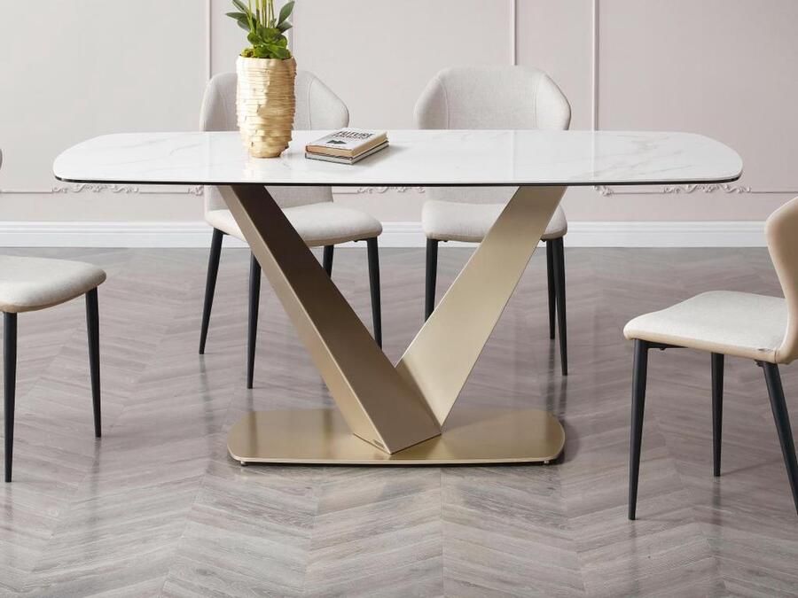 Maison Céphy Verlengbare eettafel 6 plaatsen van keramiek en metaal Wit marmereffect en goud PORELIMA van Pascal MORABITO L 180 cm x H 76 cm x D 90 cm - Foto 2