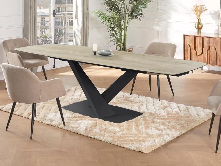 Maison Céphy Verlengbare eettafel 6 tot 10 plaatsen van gehard glas keramiek en metaal Licht naturel en zwart MALATA van Pascal MORABITO L 260 cm x H 76 cm x D 90 cm