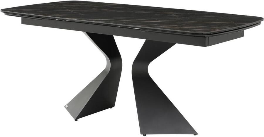 Vente-unique Verlengbare eettafel 6 tot 10 plaatsen van gehard glas keramiek en metaal Zwart marmereffect KAJARI van Maison Céphy L 260 cm x H 76 cm x D 90 cm - Foto 2