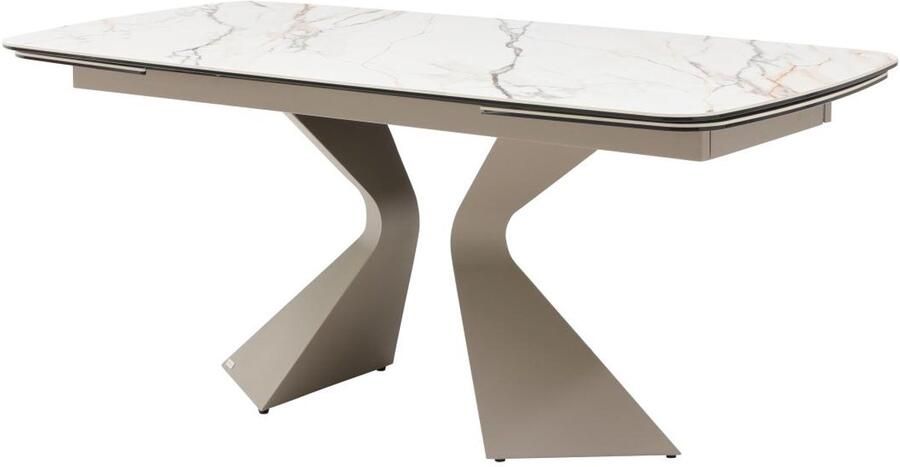 Vente-unique Verlengbare eettafel 6 tot 10 plaatsen van gehard glas keramiek en taupegrijs metaal Wit marmereffect KAJARI van Maison Céphy L 260 cm x H 76 cm x D 90 cm