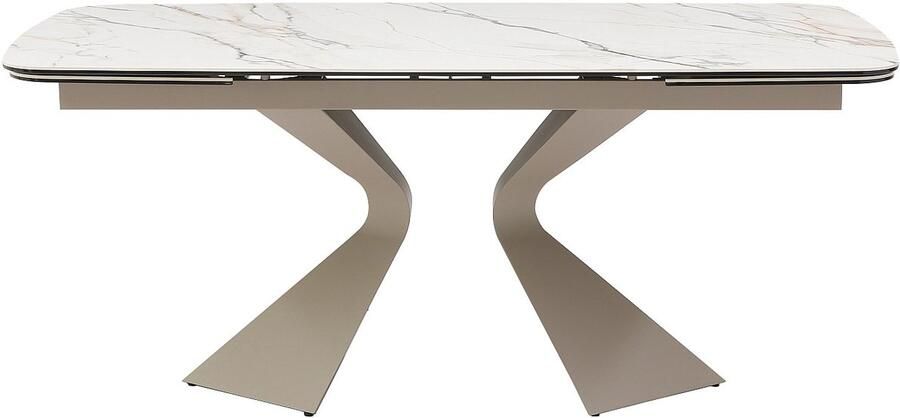 Vente-unique Verlengbare eettafel 6 tot 10 plaatsen van gehard glas keramiek en taupegrijs metaal Wit marmereffect KAJARI van Maison Céphy L 260 cm x H 76 cm x D 90 cm - Foto 2