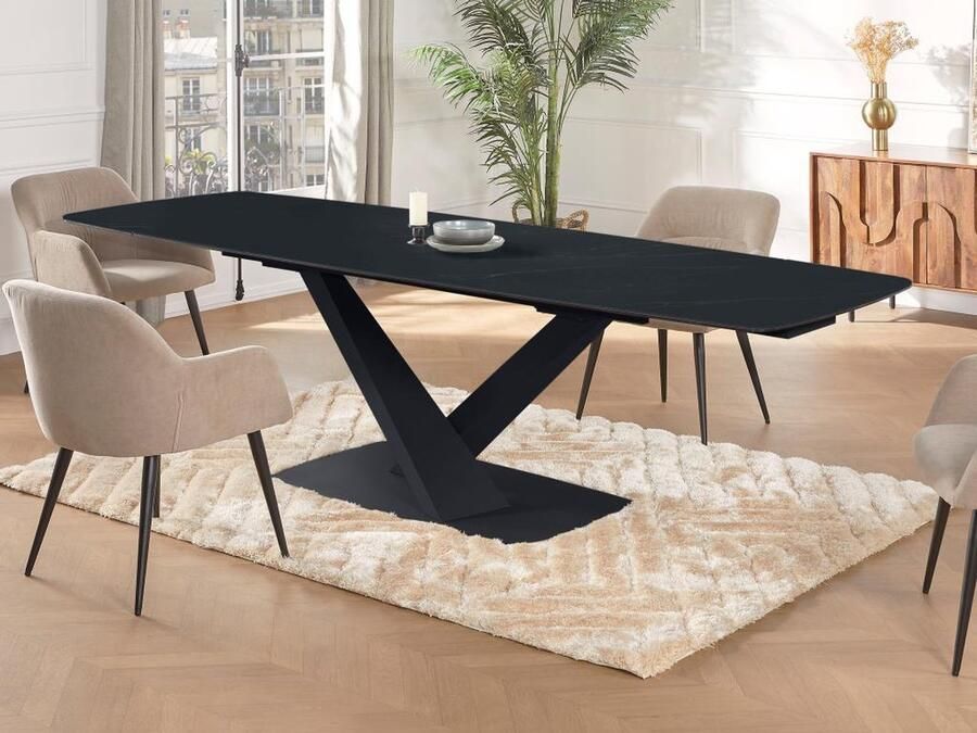 Maison Céphy Verlengbare eettafel 6 tot 10 plaatsen van gehard glas Zwart marmereffect MALATA van Pascal MORABITO L 260 cm x H 76 cm x D 90 cm