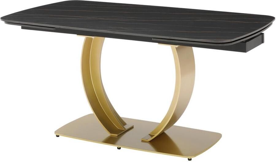 Vente-unique Verlengbare eettafel 6 tot 10 plaatsen van keramiek en goudkleurig metaal Zwart marmereffect OLIFIA van Maison Céphy L 240 cm x H 76 cm x D 90 cm - Foto 2