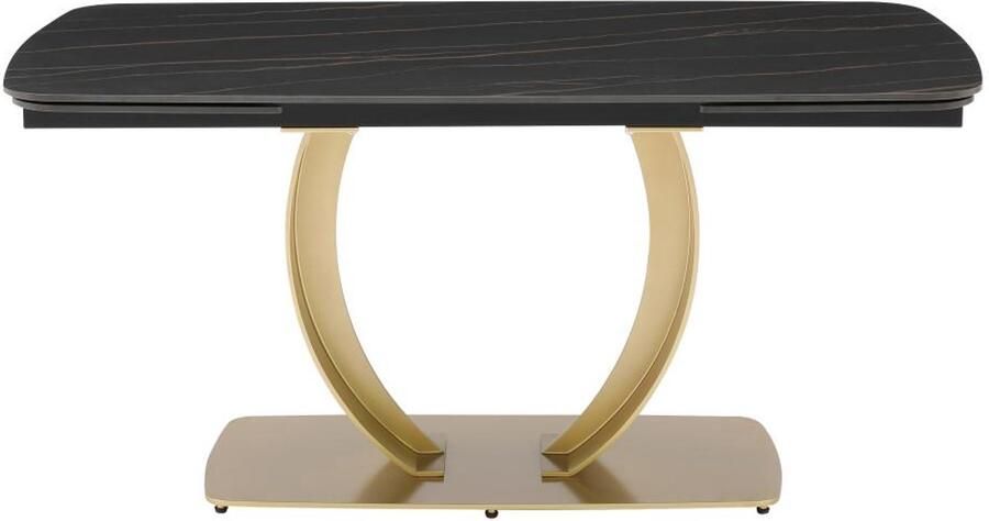 Vente-unique Verlengbare eettafel 6 tot 10 plaatsen van keramiek en goudkleurig metaal Zwart marmereffect OLIFIA van Maison Céphy L 240 cm x H 76 cm x D 90 cm