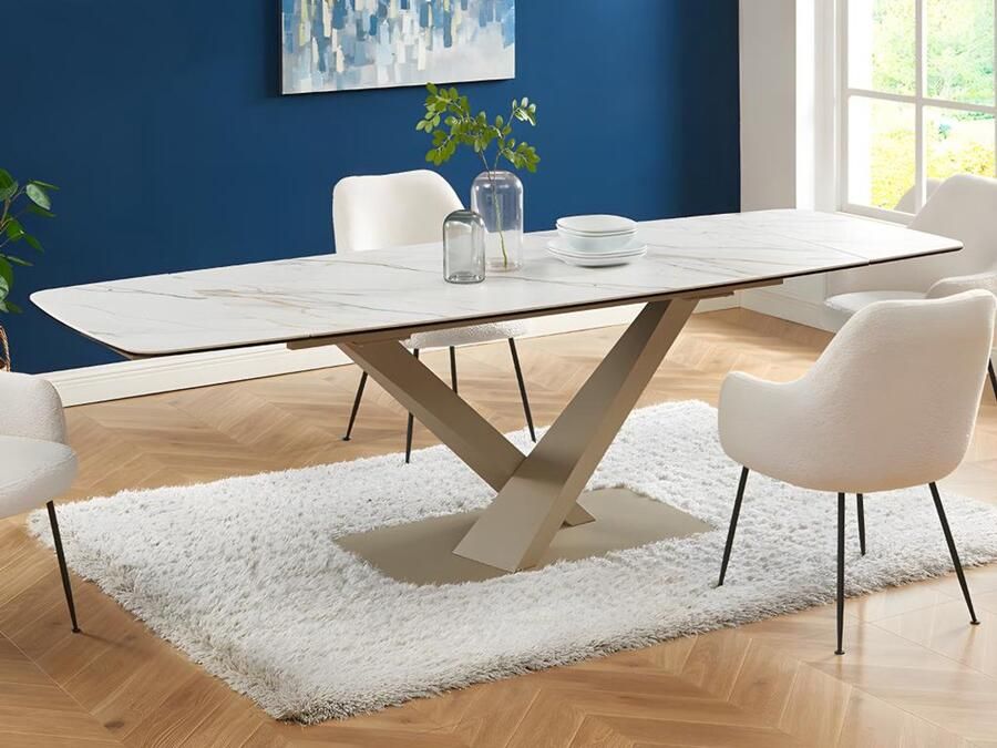 Vente-unique Maison Céphy Verlengbare eettafel 6 tot 10 plaatsen van keramiek en metaal Wit en beige marmereffect MALATA van Pascal Morabito L 260 cm x H 76 cm x D 90 cm - Foto 2
