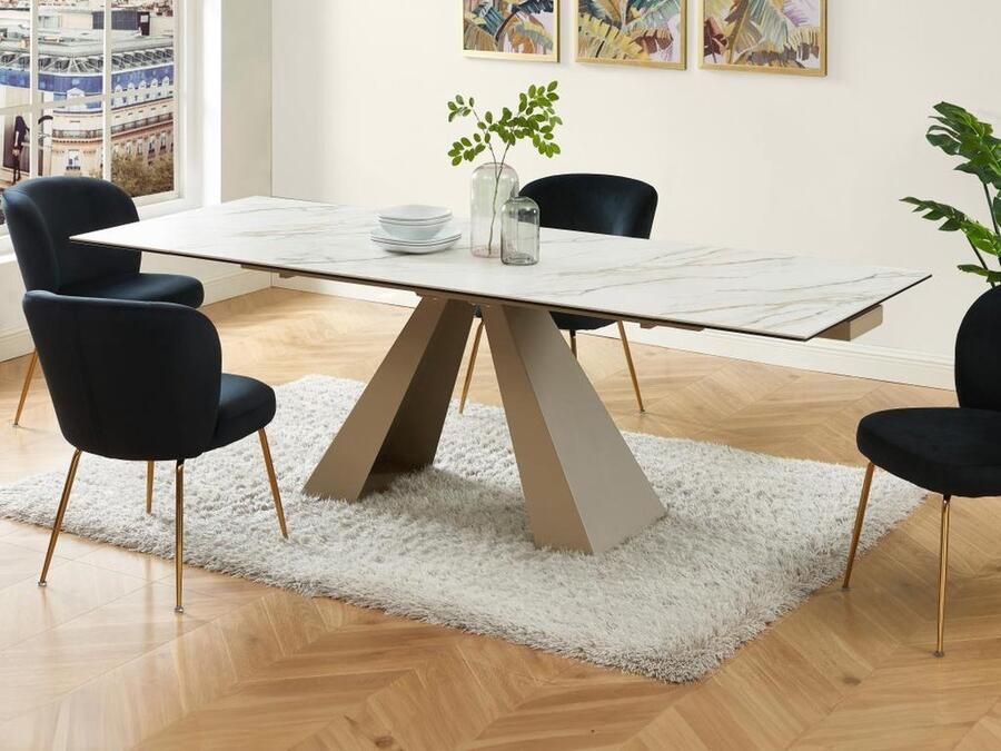 Vente-unique Verlengbare eettafel 6 tot 10 plaatsen van keramiek en metaal Wit en beige marmerect LOZIPA van Pascal Morabito L 240 cm x H 76 cm x D 90 cm - Foto 3