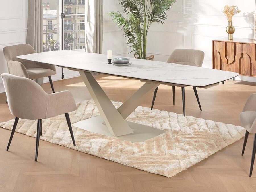 Vente-unique Maison Céphy Verlengbare eettafel 6 tot 10 plaatsen van keramiek en metaal Wit en beige marmereffect MALATA van Pascal Morabito L 260 cm x H 76 cm x D 90 cm