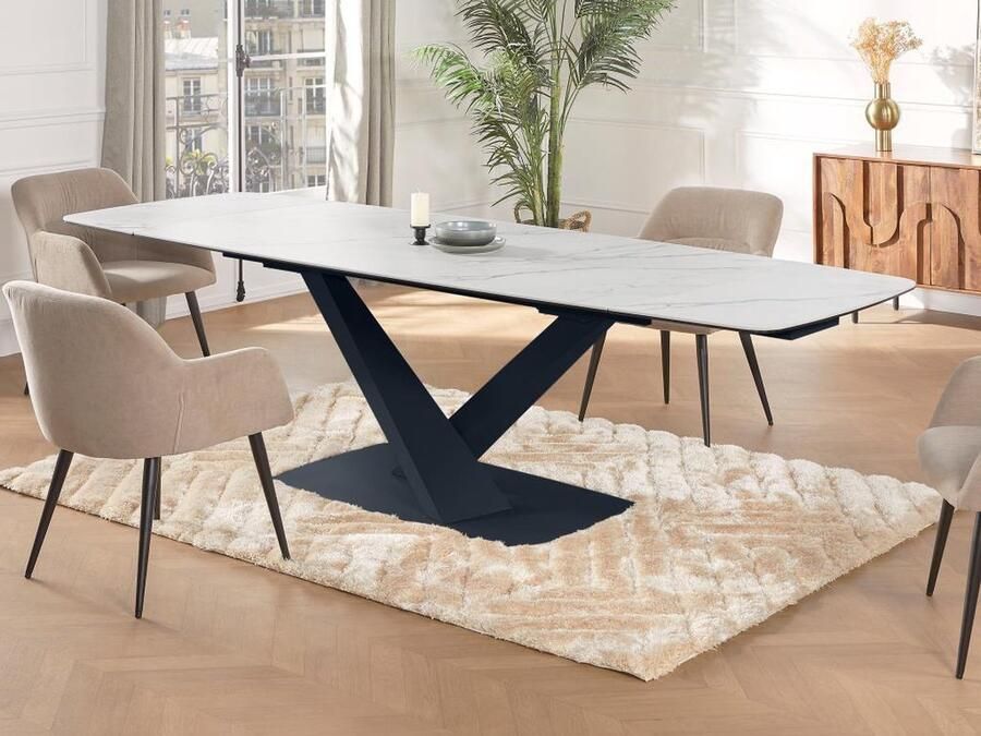 Maison Céphy Verlengbare eettafel 6 tot 10 plaatsen van keramiek en metaal Wit en zwart marmereffect MALATA van Pascal Morabito L 260 cm x H 76 cm x D 90 cm