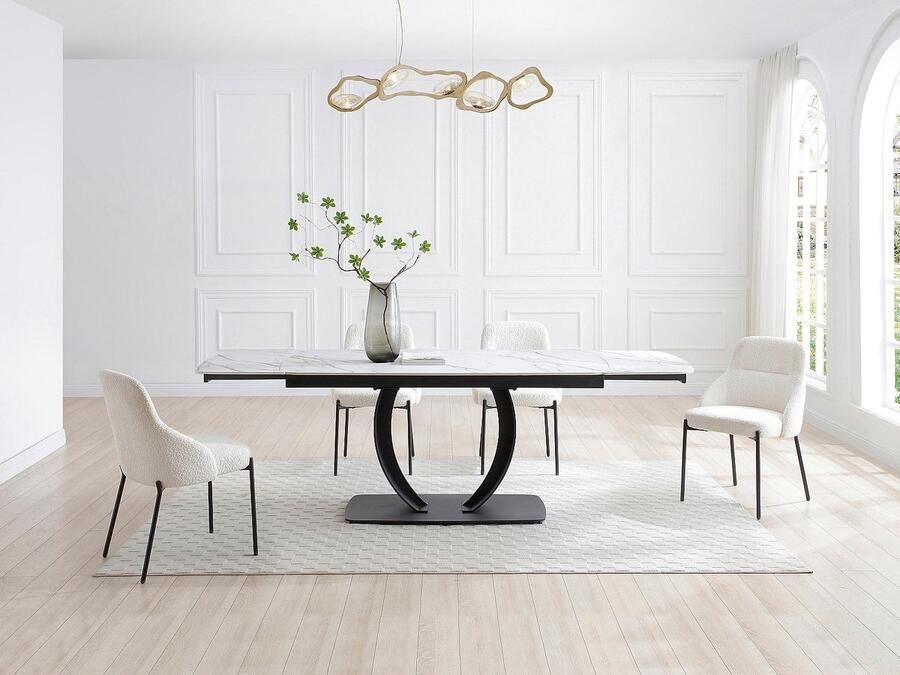 Vente-unique Verlengbare eettafel 6 tot 10 plaatsen van keramiek en zwart metaal Wit marmereffect OLIFIA van Maison Céphy L 240 cm x H 76 cm x D 90 cm - Foto 3