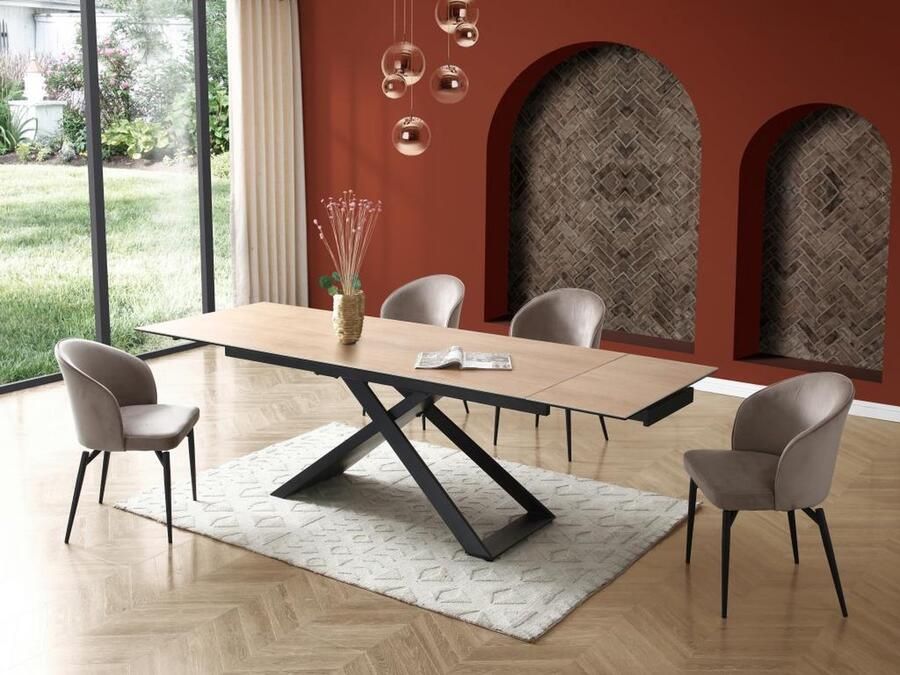 Maison Céphy Verlengbare eettafel 6 tot 10 plaatsen van keramiek gehard glas en metaal Licht naturel en zwart XERENA van Pascal MORABITO L 260 cm x H 76 cm x D 90 cm