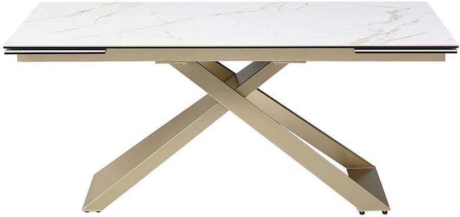 Vente-unique Verlengbare eettafel 6 tot 10 plaatsen van keramiek gehard glas en metaal Wit marmereffect en goudkleurig XERENA van Maison Céphy L 260 cm x H 76 cm x D 90 cm