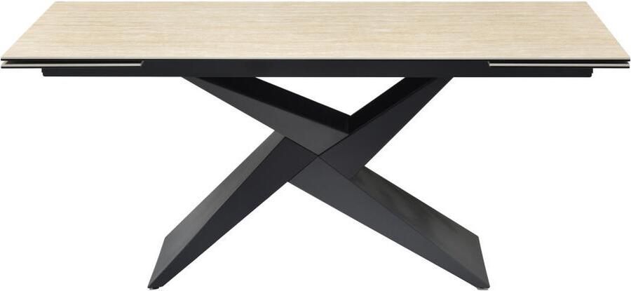 Maison Céphy Verlengbare eettafel 6 tot 10 plaatsen van keramiek glas en metaal Beige en zwart travertijn-effect LIONIZA van L 260 cm x H 76 cm x D 90 cm
