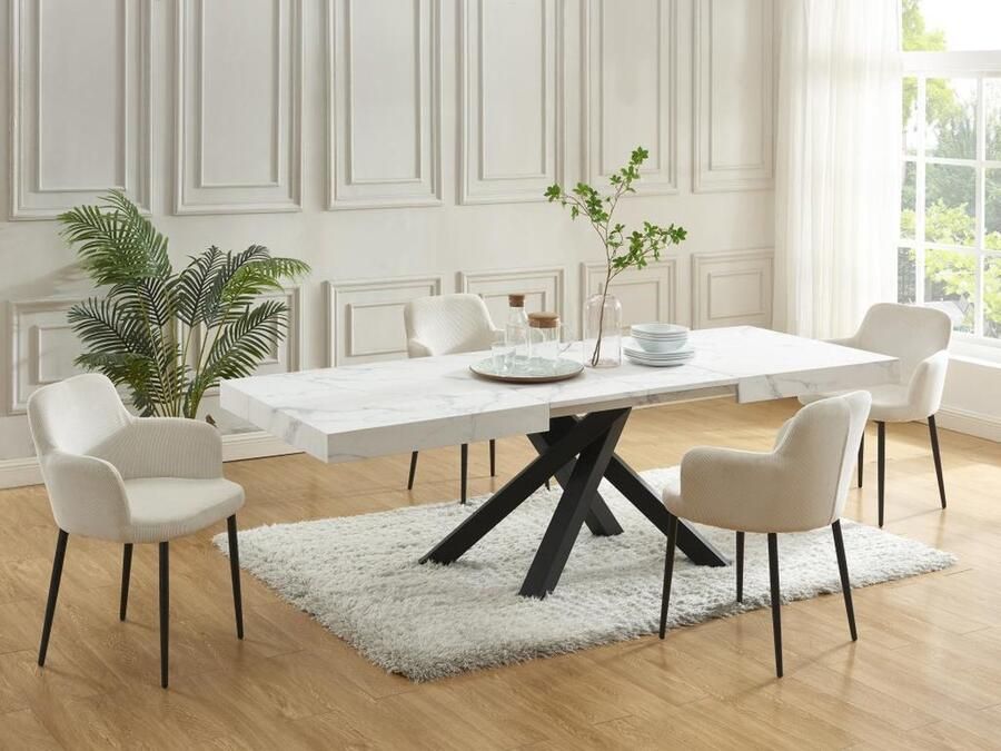 Vente-unique Verlengbare eettafel 6 tot 10 plaatsen van mdf en metaal Wit en zwart marmereffect CATONAV L 240 cm x H 75 cm x D 90 cm