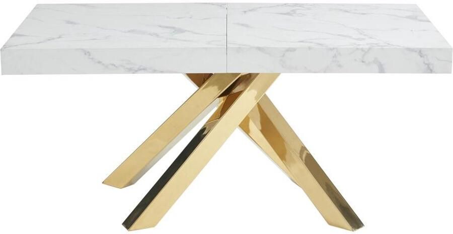 Vente-unique Verlengbare eettafel 6 tot 10 plaatsen van mdf en metaal Wit marmereffect en goud CATONAV L 240 cm x H 75 cm x D 90 cm