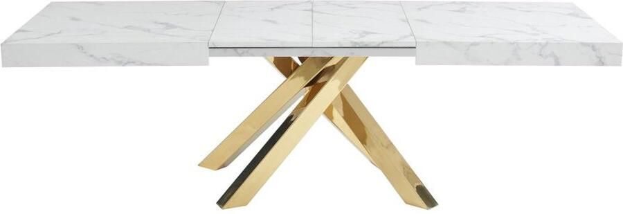 Vente-unique Verlengbare eettafel 6 tot 10 plaatsen van mdf en metaal Wit marmereffect en goud CATONAV L 240 cm x H 75 cm x D 90 cm - Foto 2