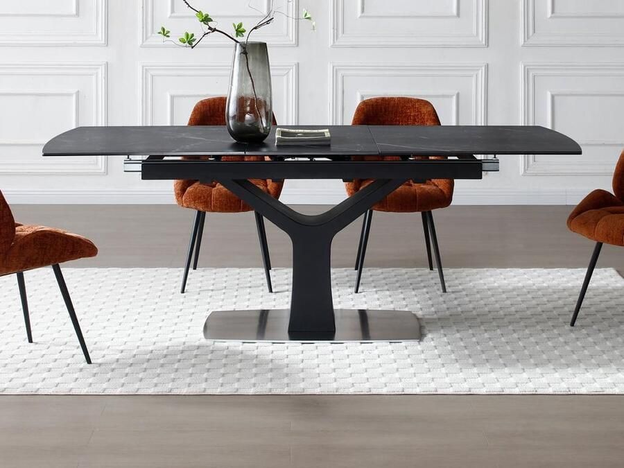 Vente-unique Verlengbare eettafel 6 tot 8 plaatsen van keramiek gehard glas en metaal Zwart marmereffect COLBY van Maison Céphy L 210 cm x H 76 cm x D 90 cm - Foto 2