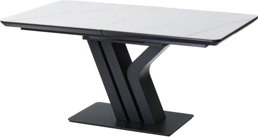 Vente-unique Verlengbare eettafel 6 tot 8 plaatsen van keramiek mdf en metaal Wit marmereffect en zwart MERIANI L 200 cm x H 76 cm x D 90 cm
