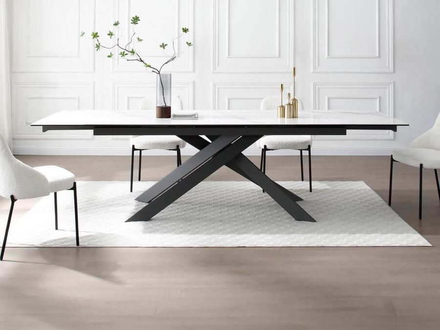 Vente-unique Verlengbare eettafel 8 tot 12 plaatsen van keramiek gehard glas en metaal Wit marmereffect en antraciet COREMA van Maison Céphy L 280 cm x H 76 cm x D 100 cm - Foto 2