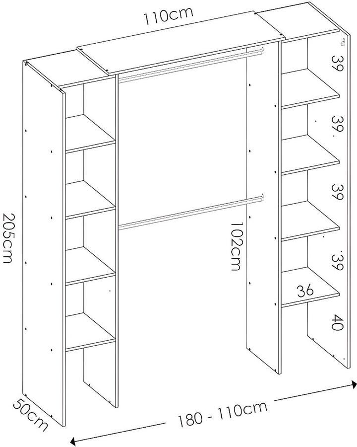 Vente-unique Verstelbare kledingkast DORIAN L164 234 cm Eiken en antraciet L 234 cm x H 205 cm x D 141 cm - Foto 3