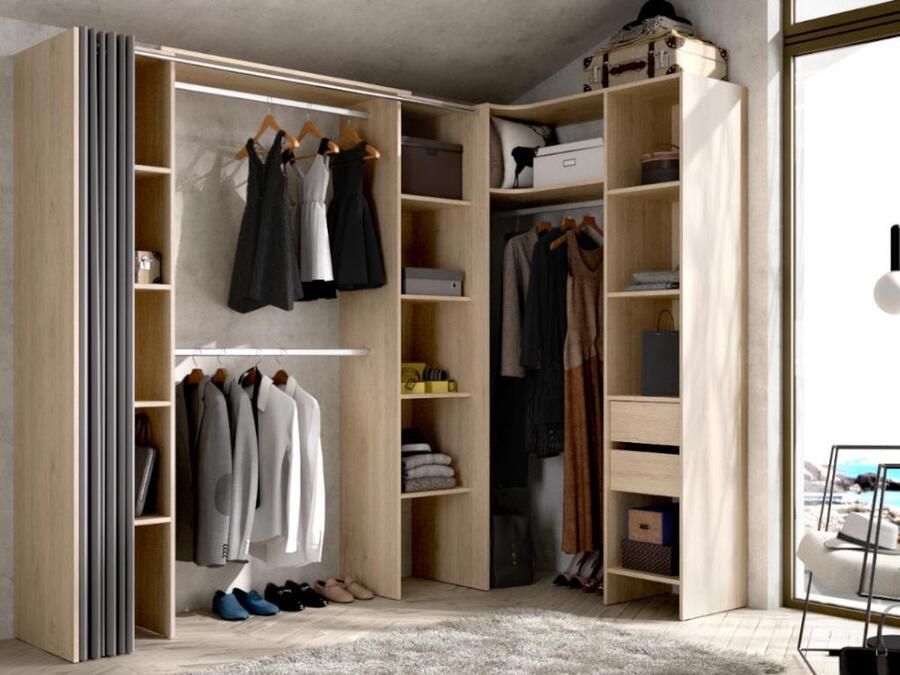 Vente-unique Verstelbare kledingkast DORIAN L164 234 cm Eikenkleur en grijs L 234 cm x H 205 cm x D 141 cm - Foto 2