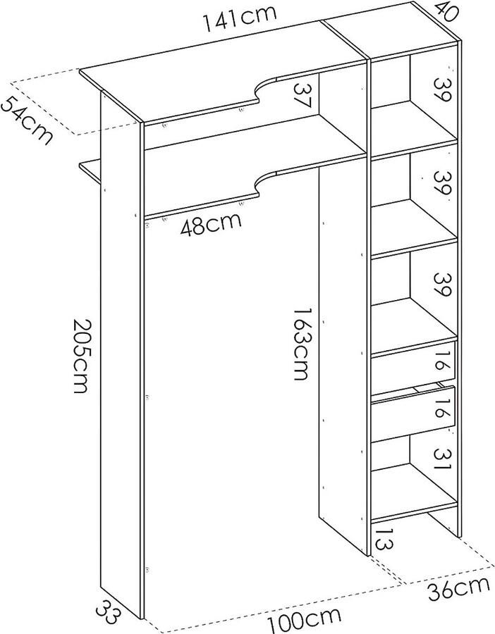 Vente-unique Verstelbare kledingkast DORIAN L164 234 cm Eiken en antraciet L 234 cm x H 205 cm x D 141 cm - Foto 4