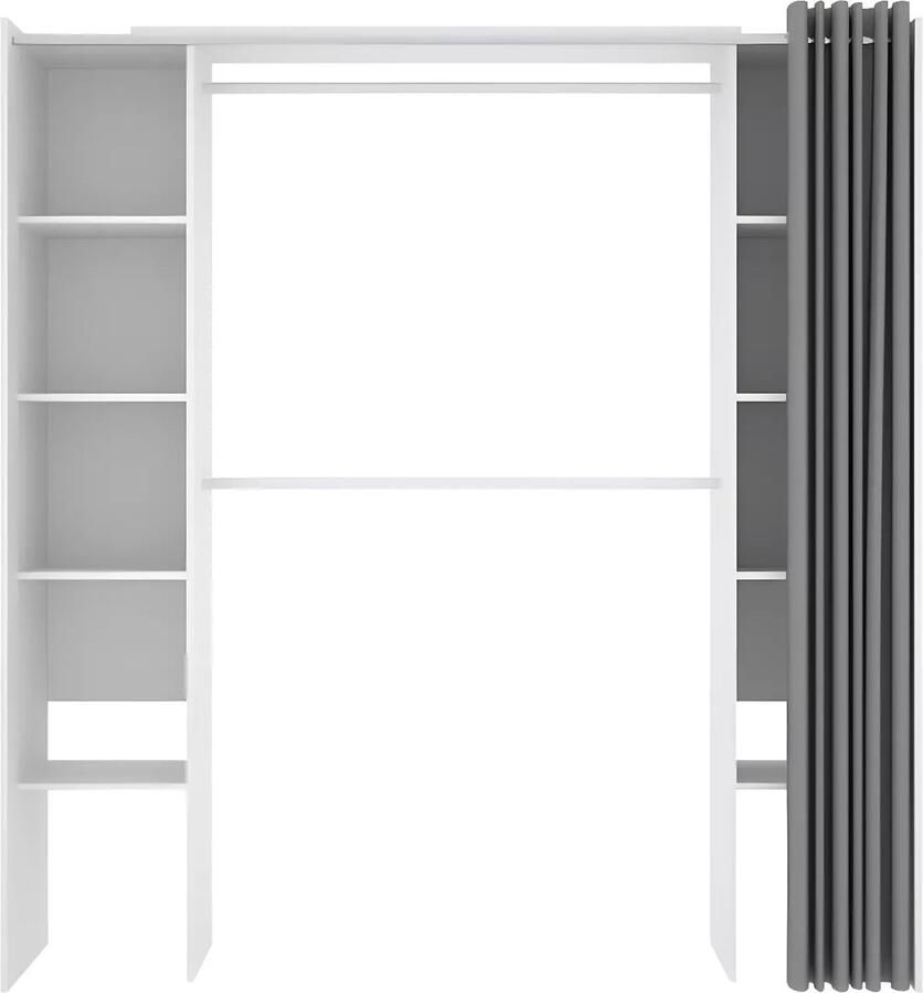 Vente-unique Verstelbare kledingkast DORIAN met gordijn L 110 180 cm Kleuren: Wit en grijs L 180 cm x H 205 cm x D 50 cm