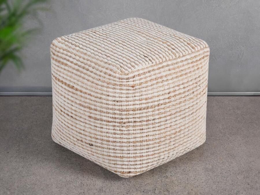 Vente-unique Vierkante poef van katoen en jute ivoorwit en naturel ALBORGA L 40 cm x H 40 cm x D 40 cm