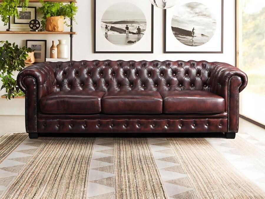 Vente-unique Vierzits chesterfieldbank BRENTON 100% buffelleer Cherry L 240 cm x H 73 cm x D 99 cm