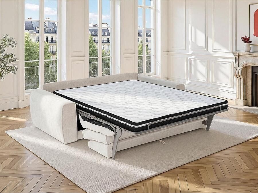 Vente-unique Driezitsslaapbank express in beige chenille stof Slaapoppervlak 140 cm Matras 13 cm VOMERA van Maison Céphy