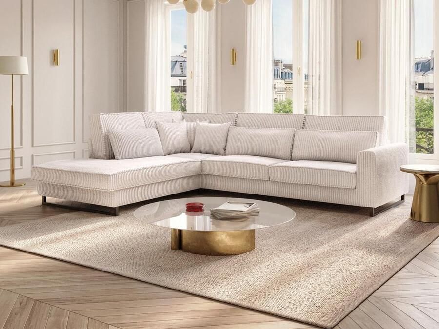 Vente-unique XXL hoekbank met hoek links van beige ribfluweel TESSIO van Maison Céphy L 295 cm x H 101 cm x D 253 cm
