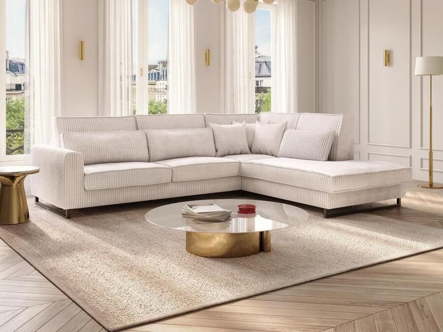 Vente-unique XXL hoekbank van beige ribfluweel TESSIO van Maison Céphy L 295 cm x H 101 cm x D 253 cm