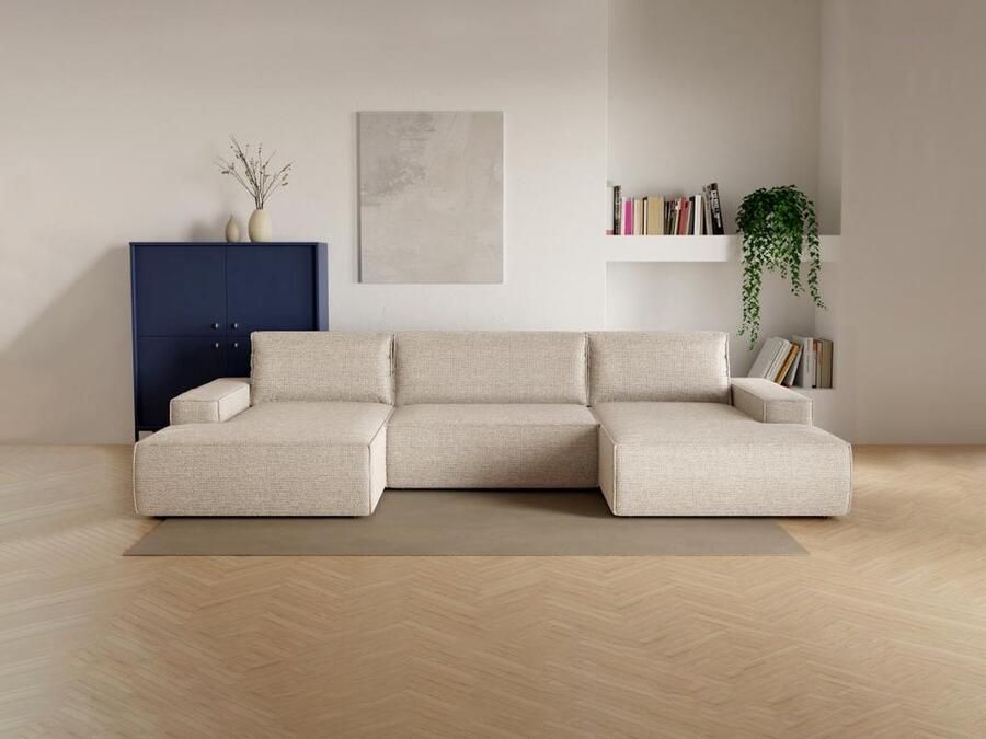 Vente-unique XXL U-vormige slaapbank in beige textuurstof – AMELIA L 354 cm x H 85 cm x D 167 cm - Foto 2
