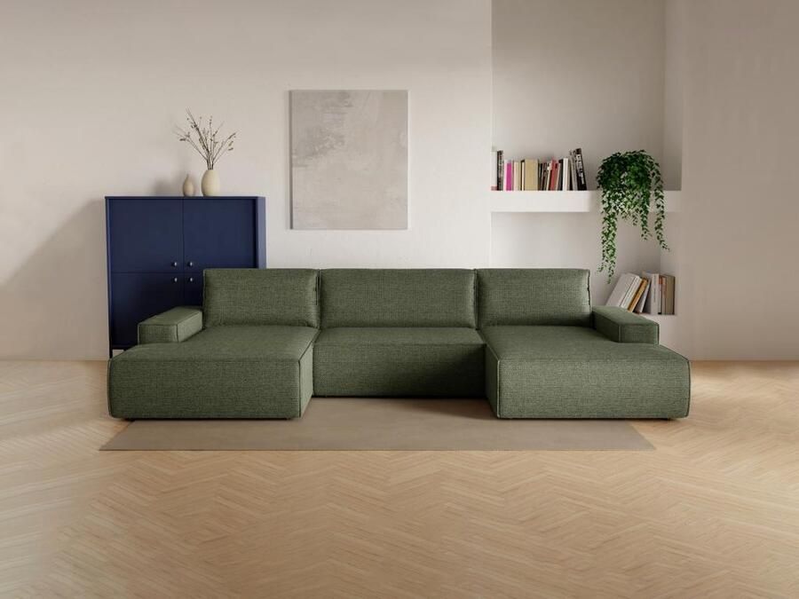 Vente-unique XXL U-vormige slaapbank in groene textuurstof – AMELIA L 354 cm x H 85 cm x D 167 cm - Foto 3