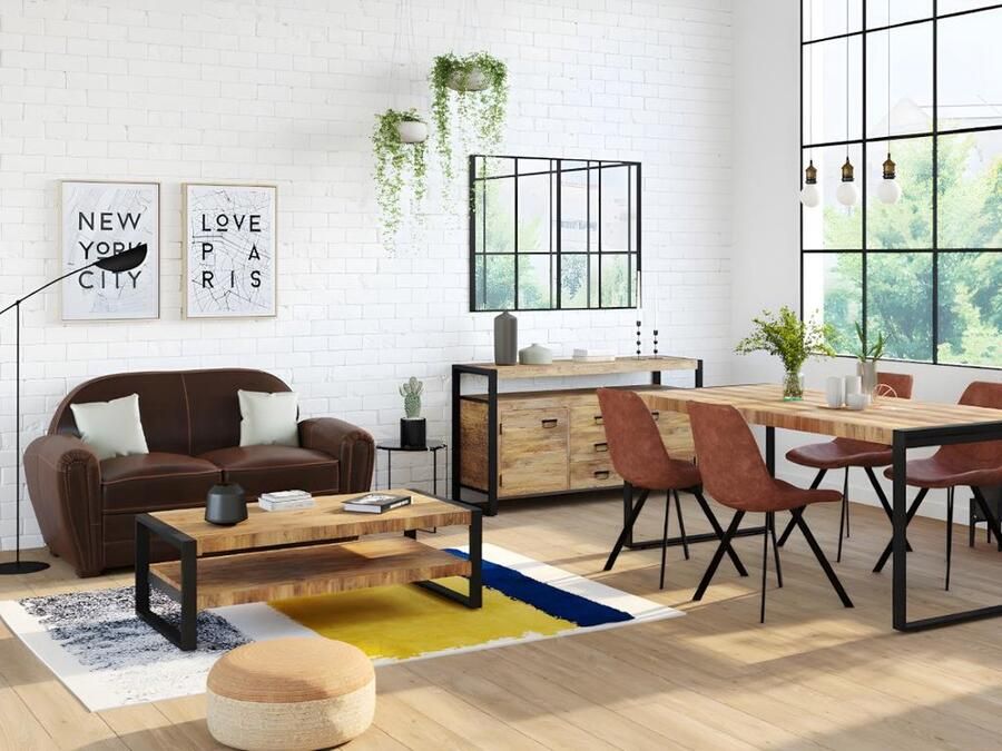 Vente-unique Zitbank en club fauteuil BAUDOIN van leer met lived-in aspect Bruin L 150 cm x H 85 cm x D 84 cm