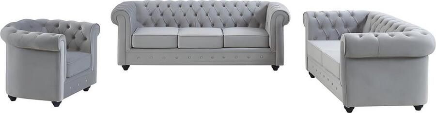 Vente-unique Zitbank en fauteuil CHESTERFIELD velours lichtgrijs L 205 cm x H 72 cm x D 88 cm