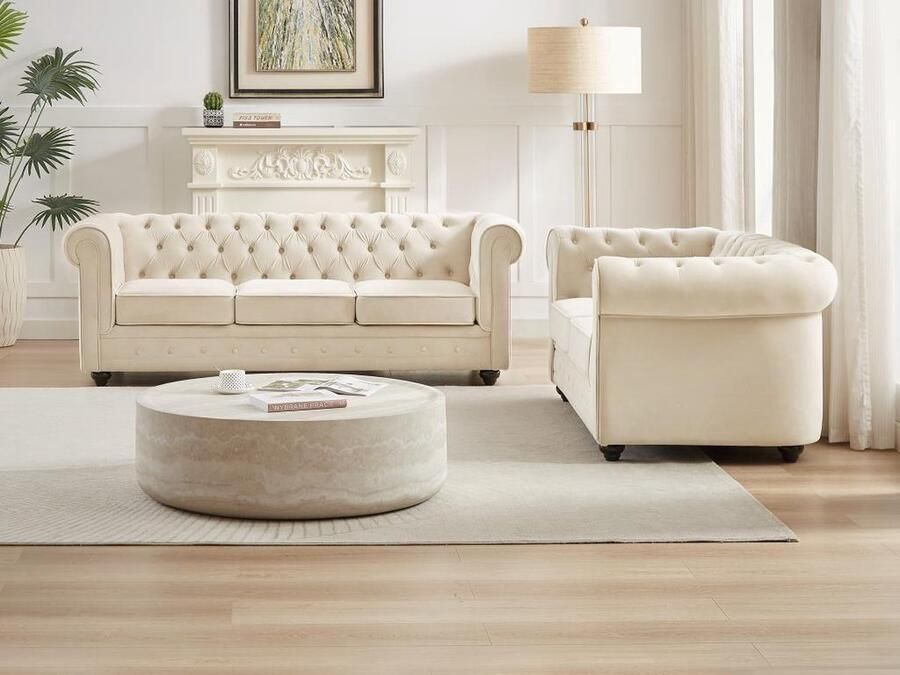 Vente-unique Zitbank met 3 plaatsen en fauteuil in beige fluweel CHESTERFIELD L 205 cm x H 72 cm x D 88 cm