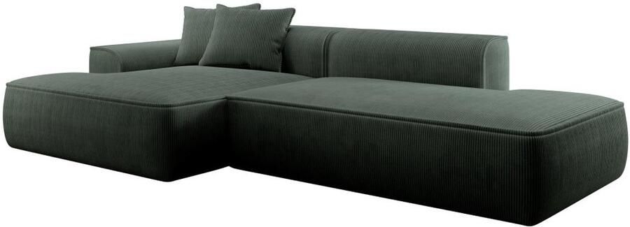 Vente-unique Zitbank met hoek links in dennengroen ribfluweel ERYNEL L 305 cm x H 70 cm x D 156 cm