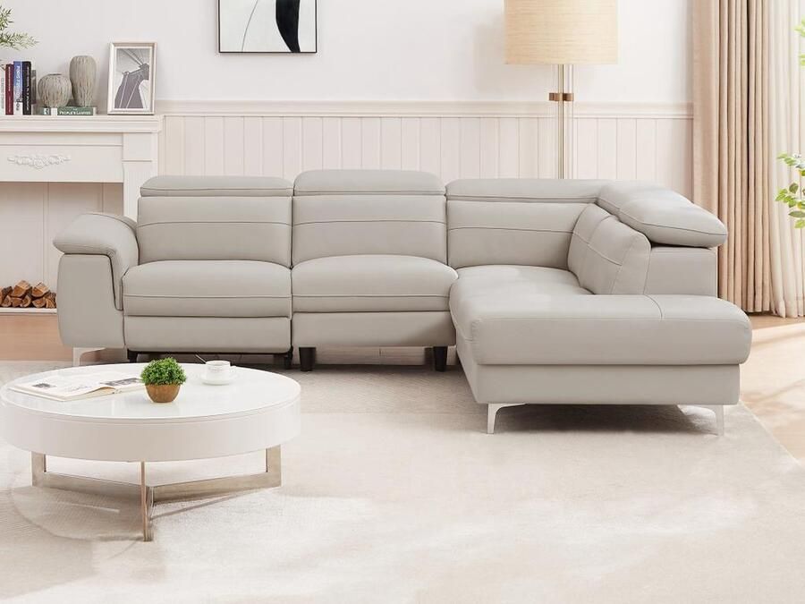 Vente-unique Zitbank met hoek rechts en elektrische relaxfunctie in lichtgrijs leer FUSINO L 263 cm x H 76 cm x D 218 cm - Foto 2