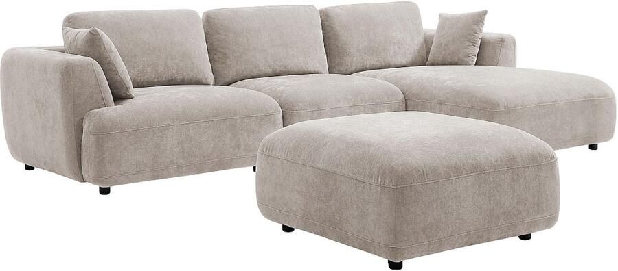 Vente-unique Zitbank met hoek rechts en poef in beige stof TINDRALO